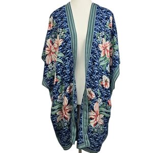 Max Studio Blue Floral Open Front Kimono – Size M Lightweight Boho Layer